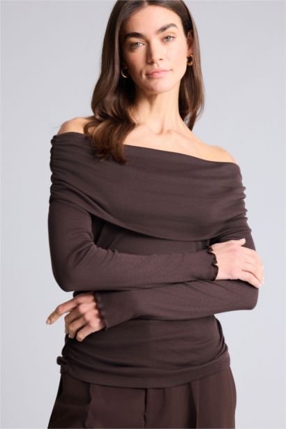 Slim Fit Omzu Açık Ribana Tişört