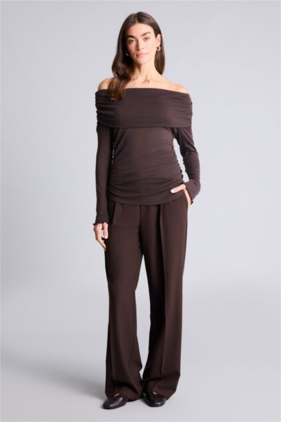 Slim Fit Omzu Açık Ribana Tişört