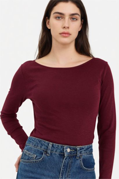 Slim Fit Boat Neck Ribbed Long Sleeve T-Shirt