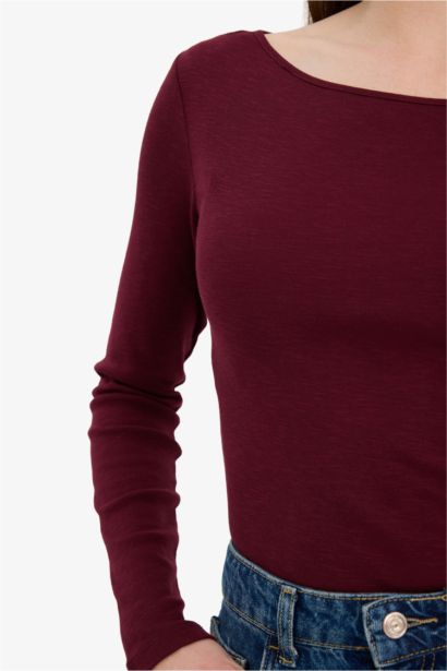 Slim Fit Boat Neck Ribbed Long Sleeve T-Shirt