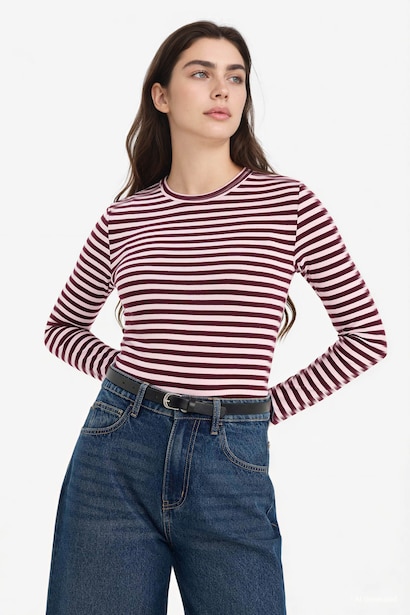 Loose Fit Boat Neck Ribbed Long Sleeve T-Shirt
