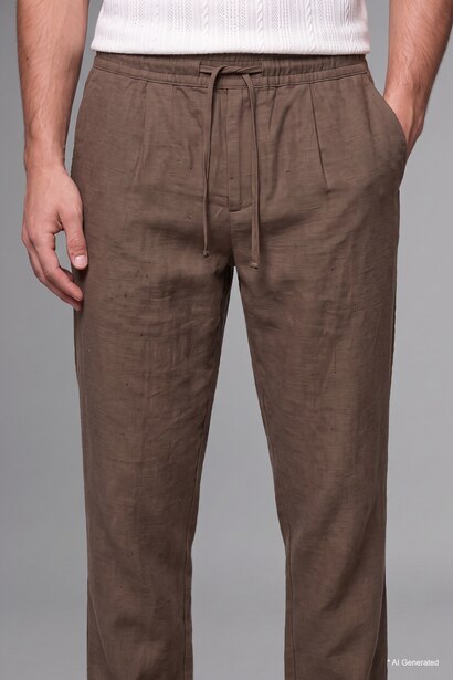 Straight Fit Elastic Waist Kaki Trousers