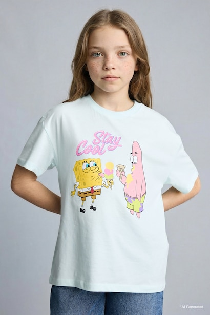 %100 Pamuk SpongeBob Oversıze Bisiklet Yaka Kısa Kollu Tişört Kız Çocuk