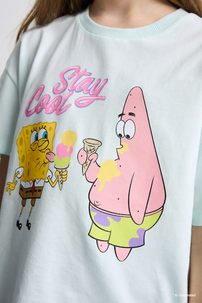 %100 Pamuk SpongeBob Oversıze Bisiklet Yaka Kısa Kollu Tişört Kız Çocuk