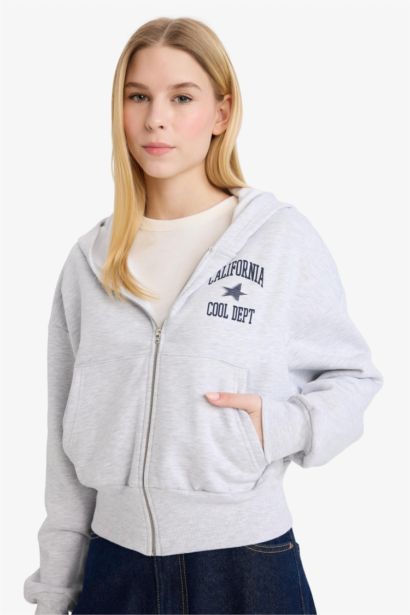 Cropped Fit Hooded Printed Thick Fabric Zip Up Hoodie