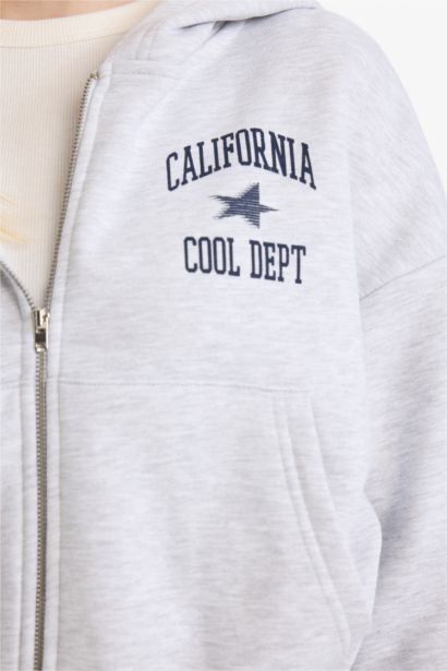 Cropped Fit Hooded Printed Thick Fabric Zip Up Hoodie