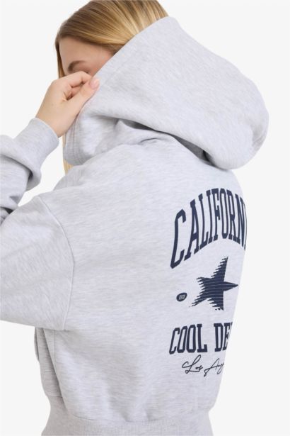 Cropped Fit Hooded Printed Thick Fabric Zip Up Hoodie