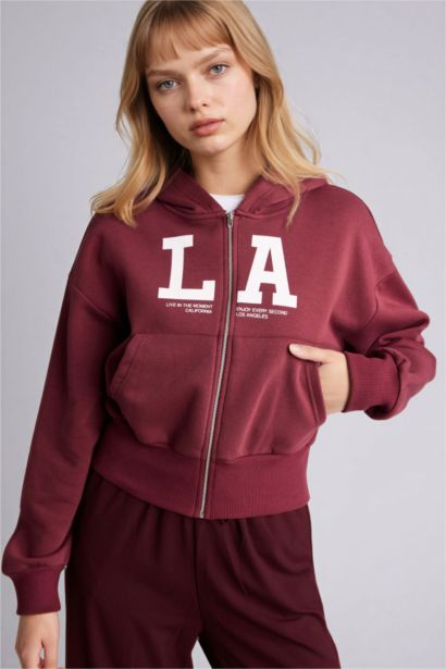 Cropped Fit Printed Zippered Hoodie