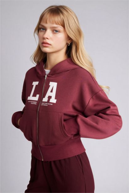 Cropped Fit Printed Zippered Hoodie