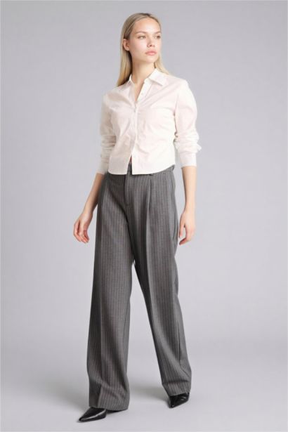 Wide Leg Zipper Striped Trousers