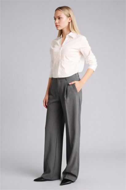 Wide Leg Zipper Striped Trousers