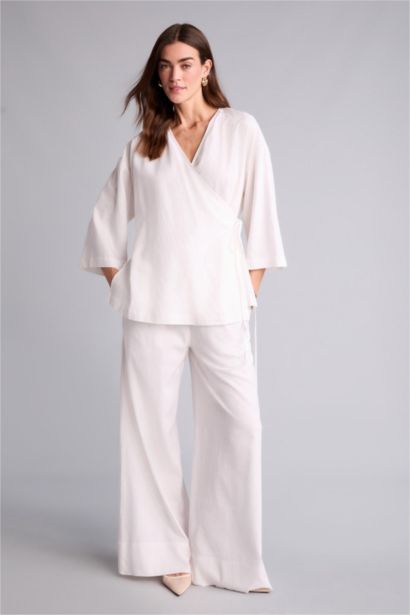 Wide Leg қалта бөлшекті орташа белді кең балақ ұзын зығыр аралас шалбар