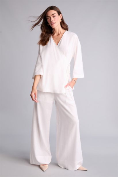 Wide Leg қалта бөлшекті орташа белді кең балақ ұзын зығыр аралас шалбар