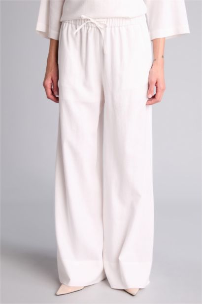 Wide Leg қалта бөлшекті орташа белді кең балақ ұзын зығыр аралас шалбар