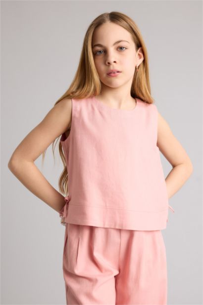 بلوزة بناتي نص كم من مزيج الكتان قصة عادية