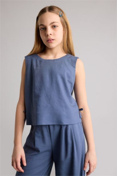 بلوزة بناتي نص كم من مزيج الكتان قصة عادية