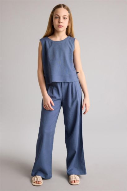 بلوزة بناتي نص كم من مزيج الكتان قصة عادية