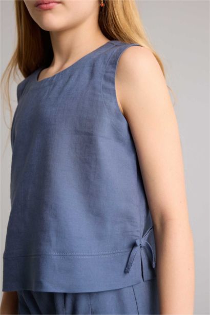 بلوزة بناتي نص كم من مزيج الكتان قصة عادية