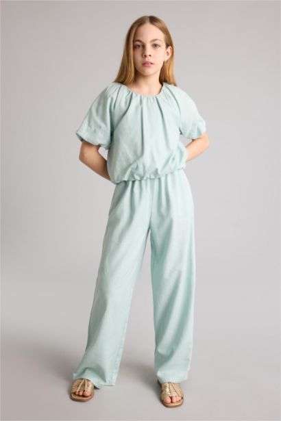 بنطلون بناتي وايد ليج من مزيج الكتان