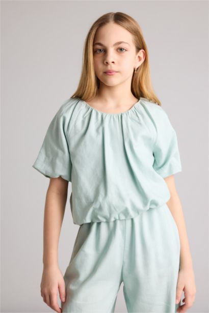 بلوزة بناتي نص كم من مزيج الكتان قصة عادية