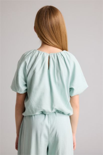 بلوزة بناتي نص كم من مزيج الكتان قصة عادية