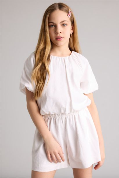 بلوزة نص كم من مزيج الكتان قصة عادية