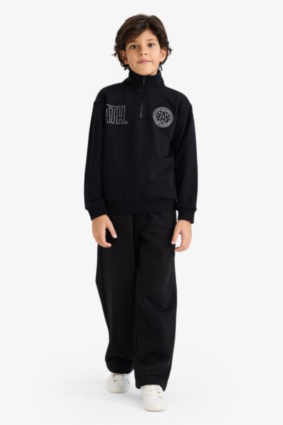 Boy Regular Fit Zippered Stand Collar Printed Sweatshirt