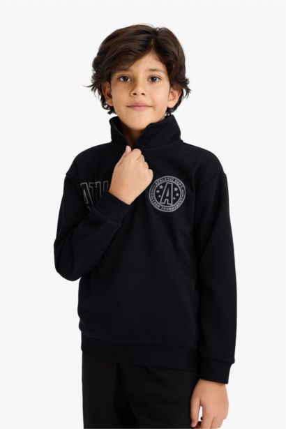 Boy Regular Fit Zippered Stand Collar Printed Sweatshirt
