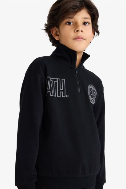 Boy Regular Fit Zippered Stand Collar Printed Sweatshirt
