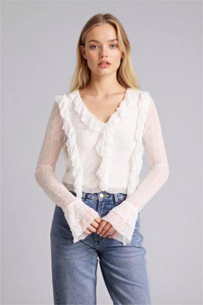 Блузка с длинным рукавом приталенного кроя с кружевом для женщин