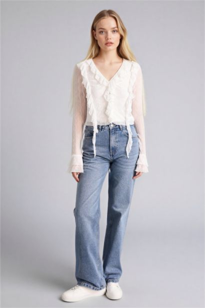 Блузка с длинным рукавом приталенного кроя с кружевом для женщин