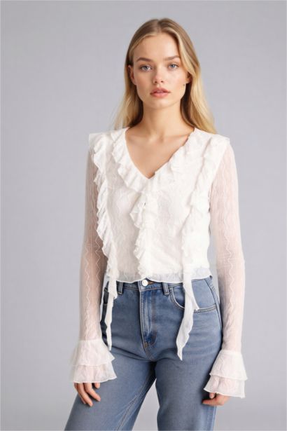 Блузка с длинным рукавом приталенного кроя с кружевом для женщин