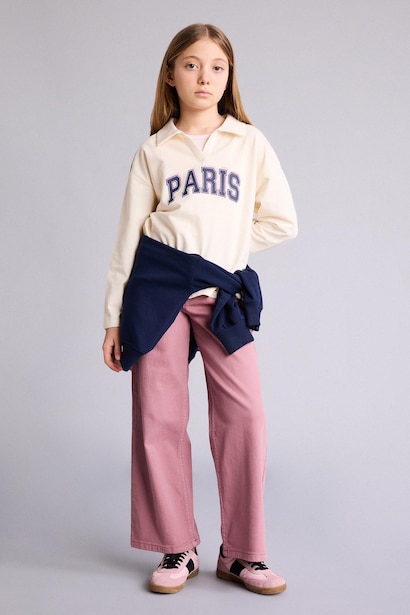 Girl Puff Print Long Sleeve Polo T-Shirt
