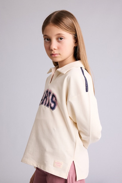 Girl Puff Print Long Sleeve Polo T-Shirt