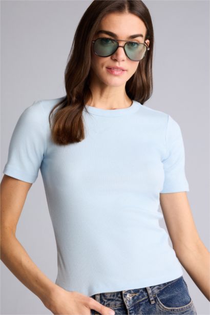 Sade Slım Fıt Bisiklet Yaka Basıc Düz Fitilli Kaşkorse Kısa Kollu Tişört