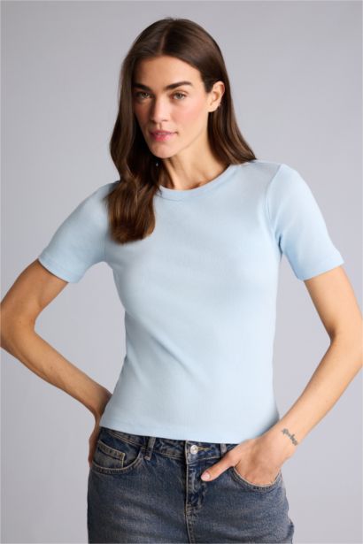 Sade Slım Fıt Bisiklet Yaka Basıc Düz Fitilli Kaşkorse Kısa Kollu Tişört