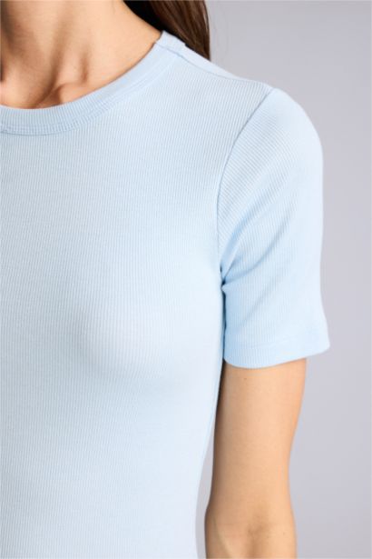 Sade Slım Fıt Bisiklet Yaka Basıc Düz Fitilli Kaşkorse Kısa Kollu Tişört