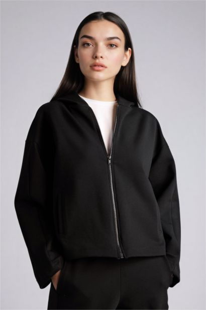 Relax Fıt Kapüşonlu Basıc Düz Skuba Dalgıç Kumaş Hırka