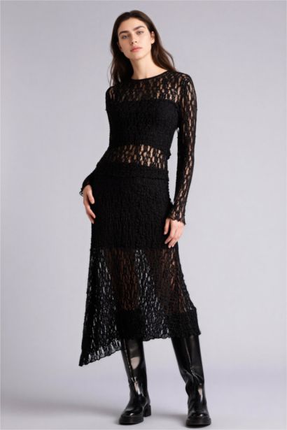 Asymmetrical Normal Waist Jersey Lining Lace Midi Skirt