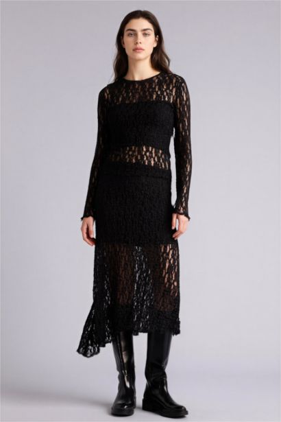 Asymmetrical Normal Waist Jersey Lining Lace Midi Skirt