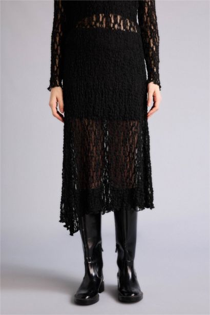 Asymmetrical Normal Waist Jersey Lining Lace Midi Skirt