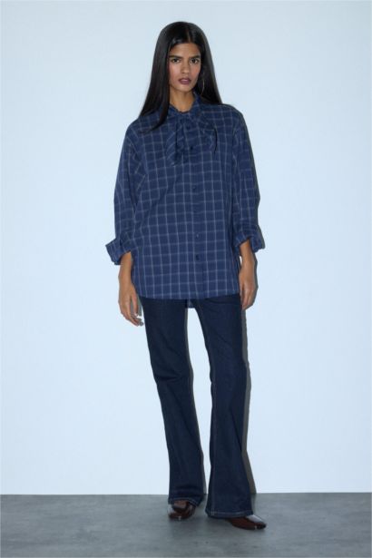 Oversıze Fular Yaka Kareli Poplin Uzun Kollu Gömlek