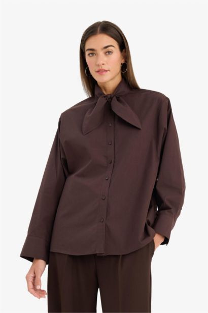 %100 Pamuk Oversıze Fular Yaka Poplin Gömlek
