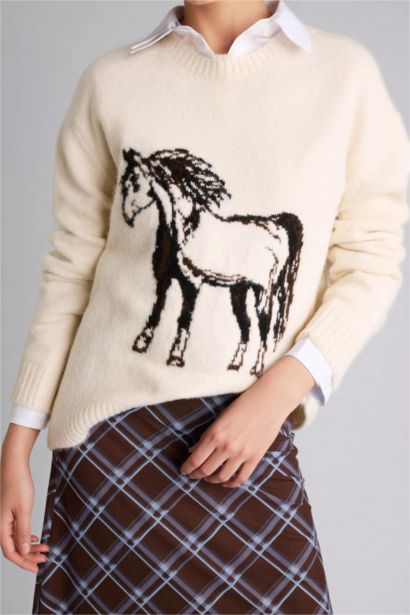 بلوز صوف قصة عادية بياخة مستديرة وطبعة حصان