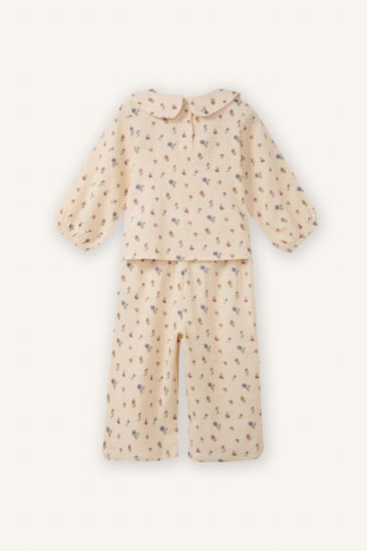 طقم بيبي بناتي فلورال موسلين قصة عادية - قطعتين