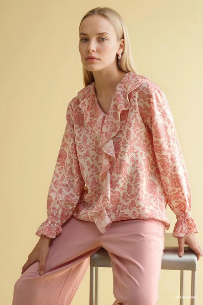 Regular Fit V-Neck Printed Long Sleeve Blouse