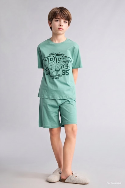 %100 Pamuk Regular Fıt Baskılı 2'li Pijama Takımı Erkek Çocuk