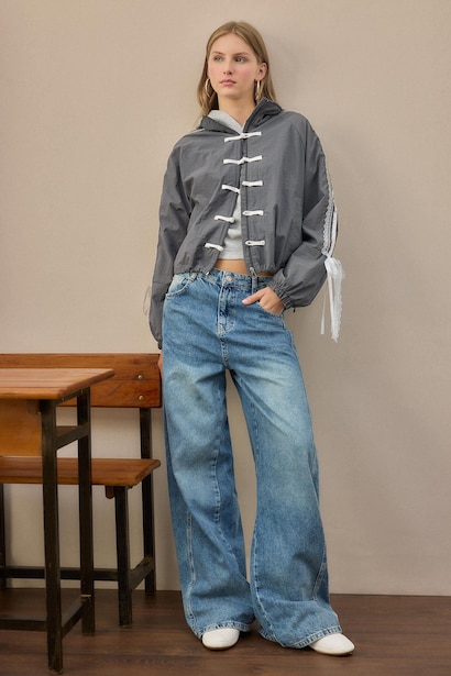 100% Cotton Wide Leg Regular Waist Washed Jeans