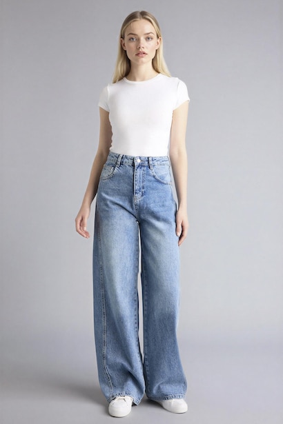 100% Cotton Wide Leg Regular Waist Washed Jeans