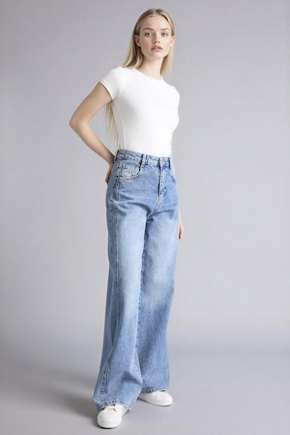 100% Cotton Wide Leg Regular Waist Washed Jeans